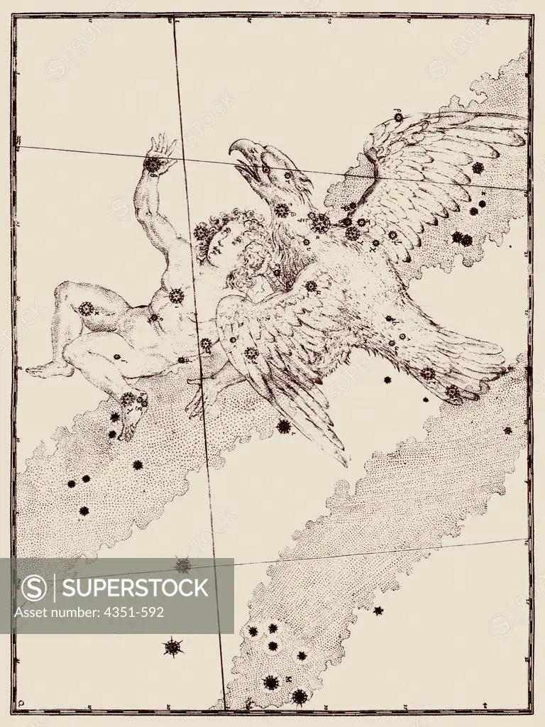 A representation of the constellations of Aquila the Eagle, and the no longer recognized Antinous, created by the Emperor Hadrian for his dead lover, from the 'Uranometria' of Johann Bayer, published 1603, and engraved by Alexander Mair. This was the first modern Western star atlas based on new astronomy of Tycho Brahe and Johannes Kepler.