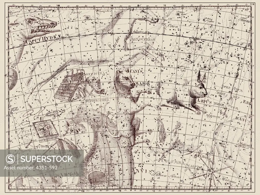 A representation of the constellations of Canis Major, the Large Dog, Lepus, the Rabbit, Officina Typographica, the Print Shop, Pyxis Nautica, the Mariner's Compass, and Monoceros, the Unicorn, from Johann Bode's 'Uranographia', engraved by Berolini, published 1801.