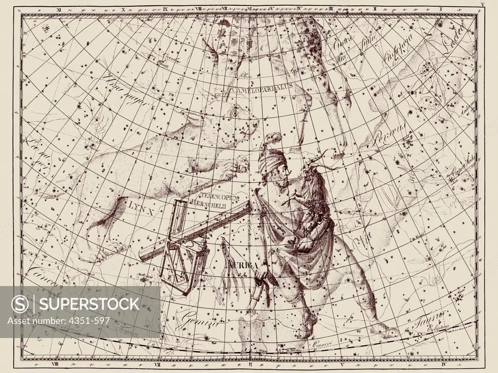 A representation of the constellations of Auriga, Lynx, and some of Camelopardalis the Giraffe, as well as the no longer recognized constellation of Telecopium Herschelii (Herschel's Telescope), from Johann Bode's 'Uranographia', engraved by Berolini, published 1801.