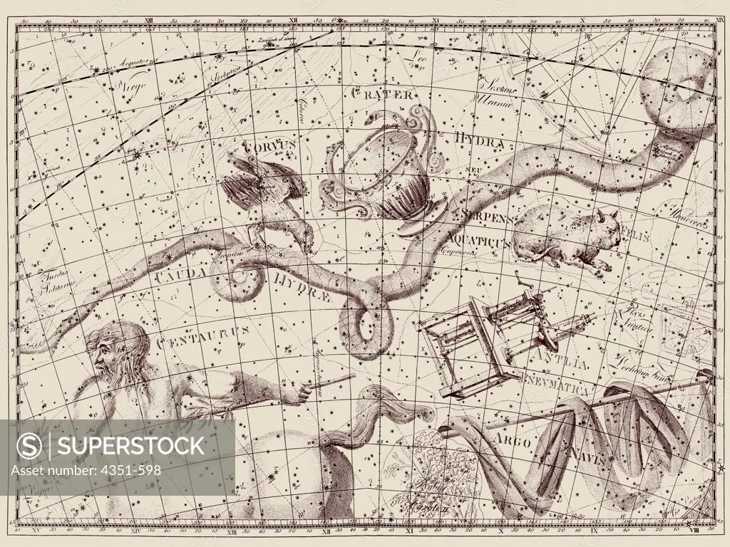 A representation of the constellations of Hydra the serpent, Corvus the Crow, Crater the Cup, Felis the Cat, and Antlia Pneumatica, the Pump, from Johann Bode's 'Uranographia', engraved by Berolini, published 1801.