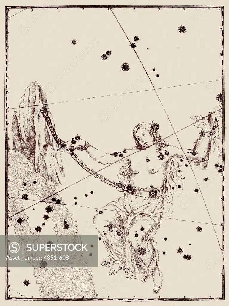 A representation of the constellation of Andromeda from the 'Uranometria' of Johann Bayer, published 1603, and engraved by Alexander Mair. This was the first modern Western star atlas based on new astronomy of Tycho Brahe and Johannes Kepler.