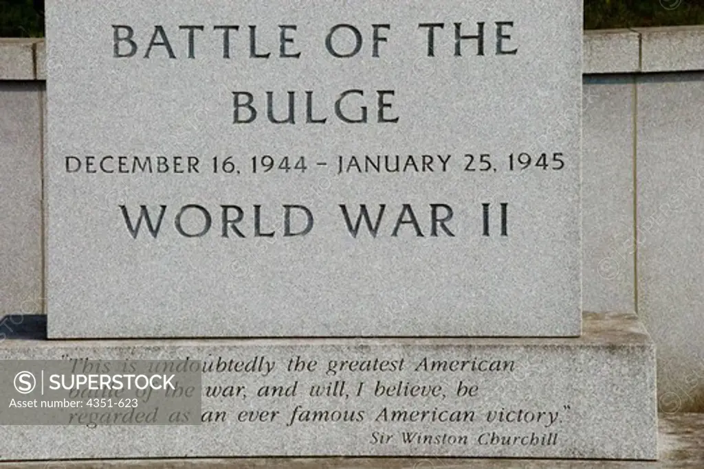 Located at the Eagle Road entrance to the Parade Field adjacent to Eisenhower Hall. Dedicated November 11, 1994 in commemoration of the 50th Anniversary of the WWII battle in the Ardennes Forest of Belgium and Luxembourg.