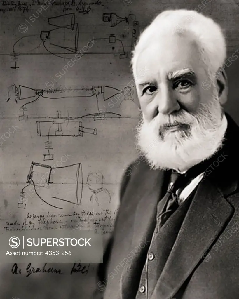 Photo Illustration of Alexander Graham Bell With Sketches of Early Inventions