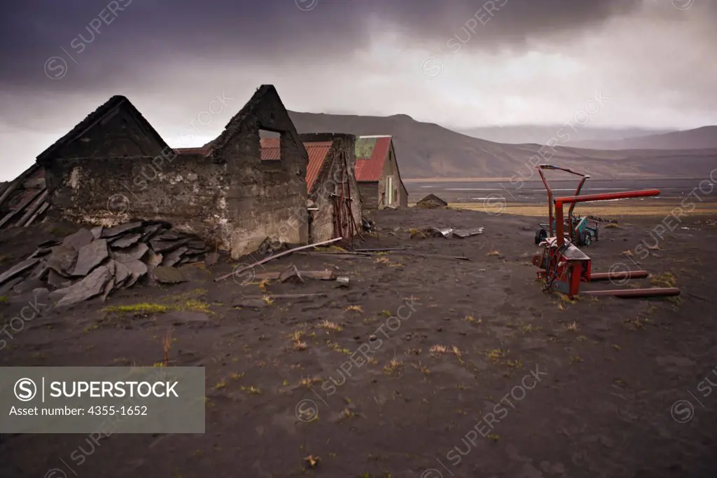 The Seljavellir Farm on the East side of the Eyjafjallajokull Volcano in Iceland is covered in thick black ash