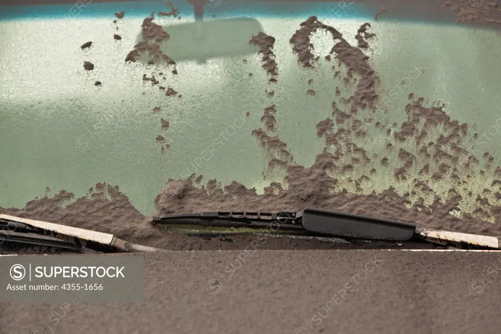 Volcanic ash covers the window  of a vehicle from the Eyjafjallajokull volcanic eruption on Mt. Eyjafjoll in Iceland.