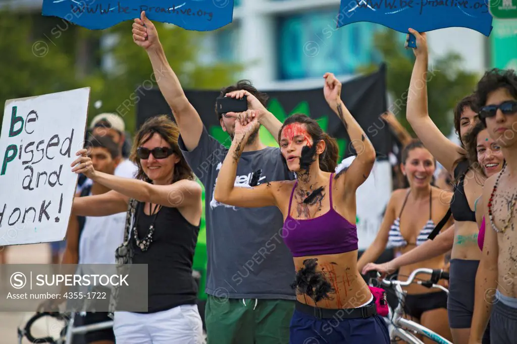 Activists at the Miami Naked Bicycle Race, an event to protest the oil spill in the Gulf of Mexico.