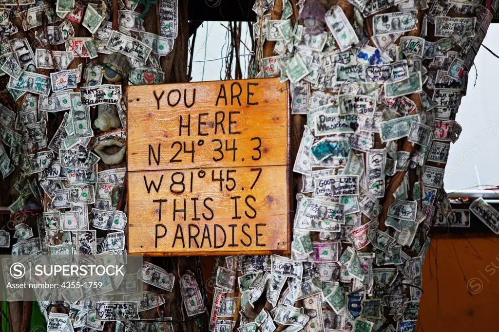 Sign on a money tree along Duval Street in Key West. Duval Street is a carnival that lasts until dawn, similar to Bourbon Street. Duval Street runs north and south from the Gulf of Mexico to the Atlantic Ocean. At the southwest end is the southernmost point in the continental United States.