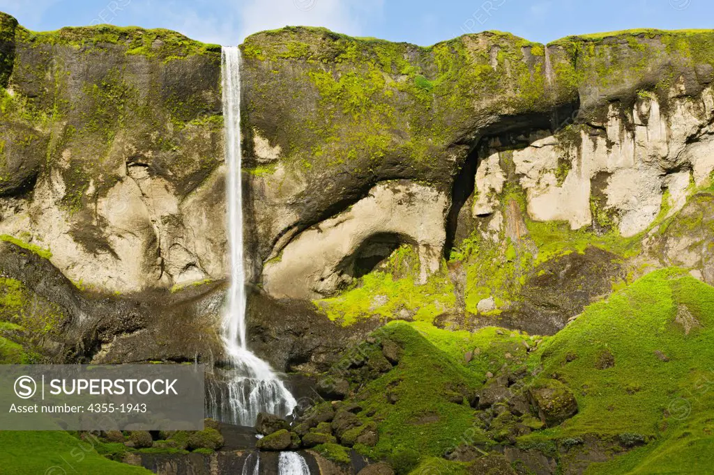 Fagrifoss is a waterfall in the Lakagigar area of southern Iceland. The waters tumble dramatically over black cliffs, making it a popular tourist attraction.