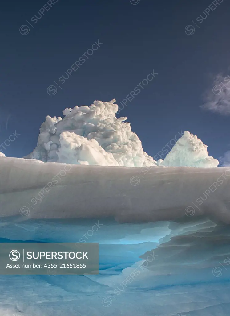 A view above and below an iceberg off of Cuverville Island, Antarctica