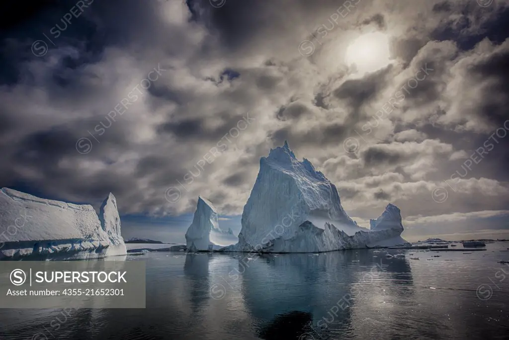 Icebergs near The Vernadsky Research Base, a Ukrainian Antarctic Station at Marina Point on Galindez Island in the Argentine Islands, Antarctica.