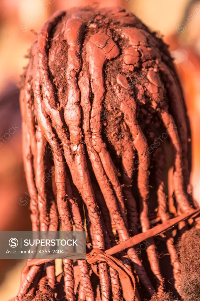 Namibia, Serra Cafema, Close-up of Himba tribe woman clay covered dreadlocks