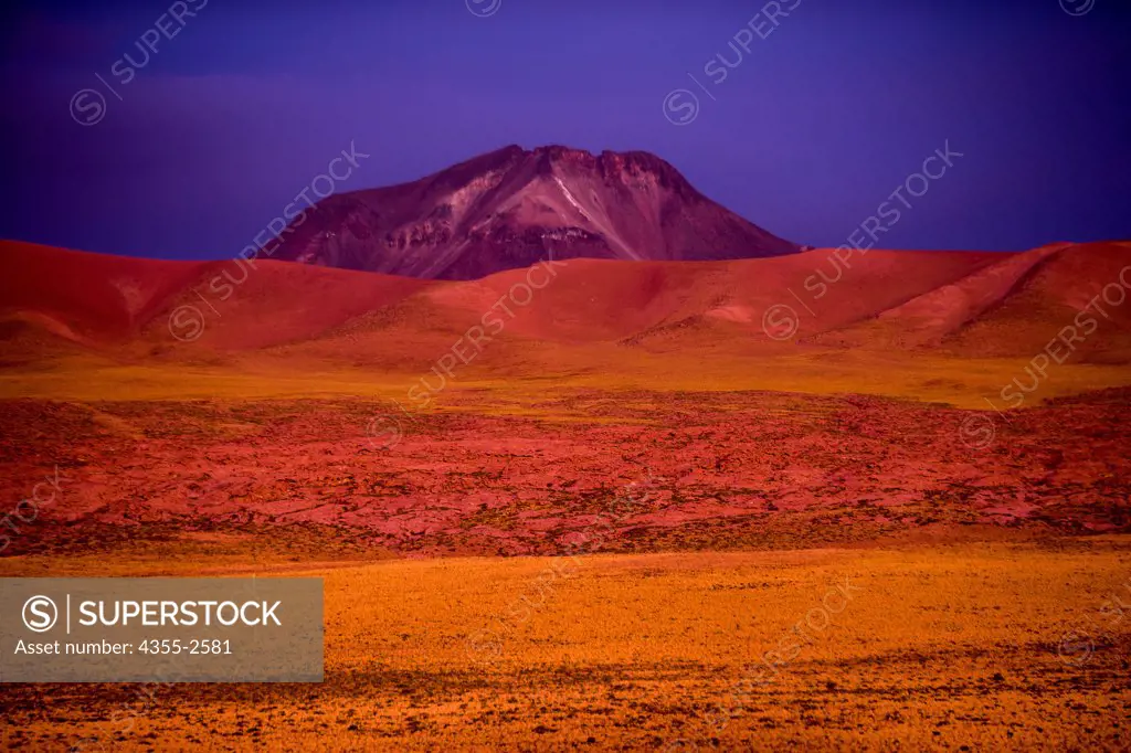 Chile, Sunset in Salted Mountains of San Pedro de Atacama on border of Chile and Argentina, Atacama Desert is plateau in South America, covering 1, 000-kilometre strip of land on Pacific coast, west of Andes mountains.