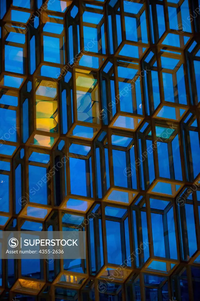 Iceland, Reykjavik, Glass panels at Harpa Opera House
