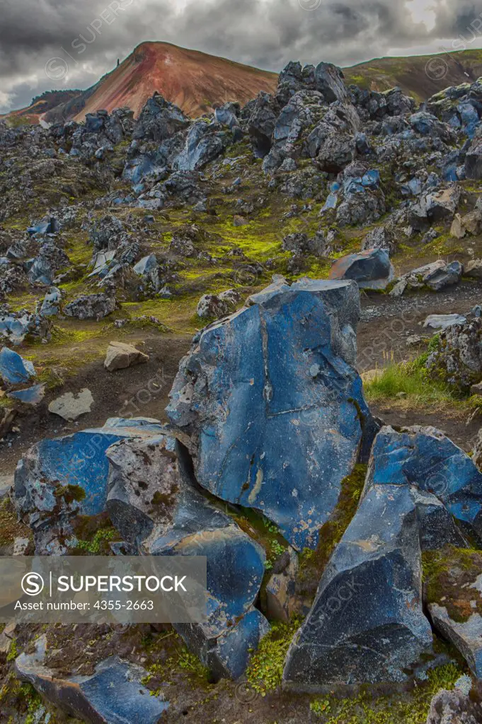 Iceland, Blue obsidian lava field in Highlands near Landmannalaugar.