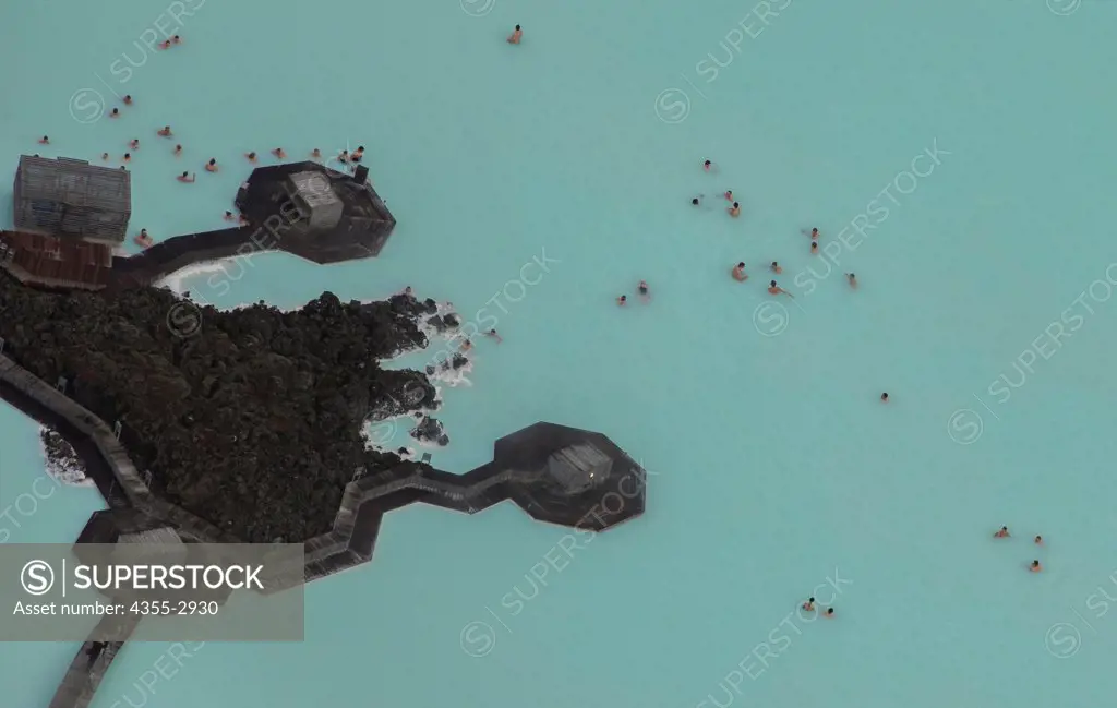 Aerial view of people relaxing in Blue Lagoon geothermal spa, Grindavik, Reykjanes Peninsula, Iceland