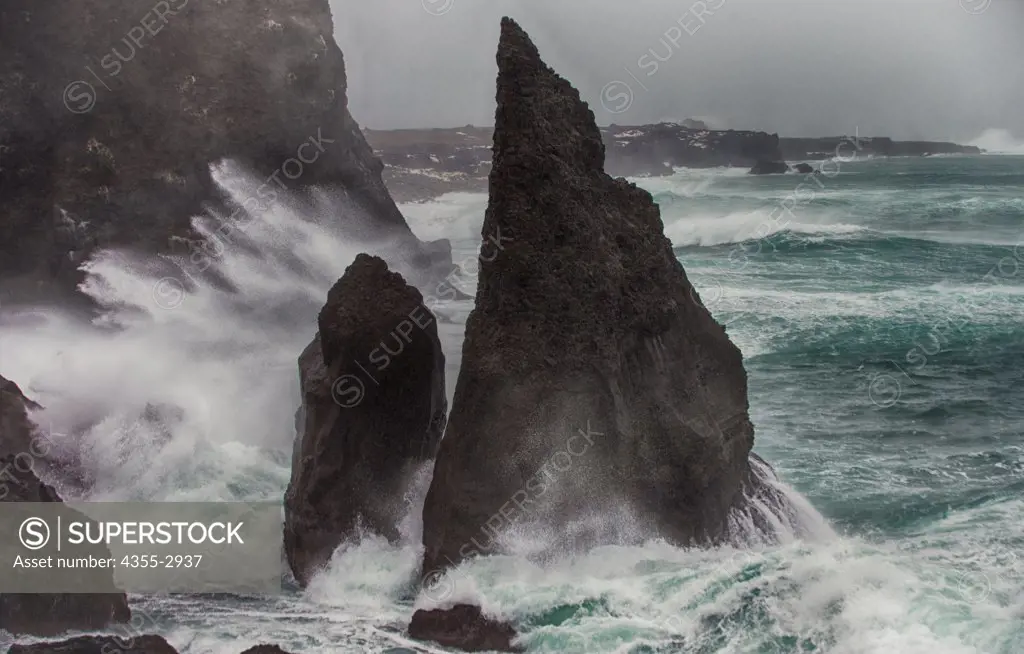 Storm creates huge waves at coast, Reykjanes Peninsula, Iceland