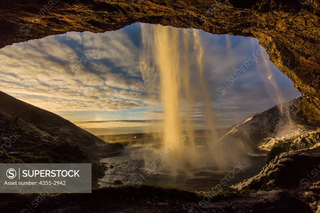 Waterfall at sunset, Seljalandsfoss Waterfall, Iceland