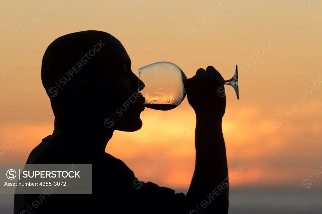 Silhouette of a man drinking wine, Mendocino, California, USA