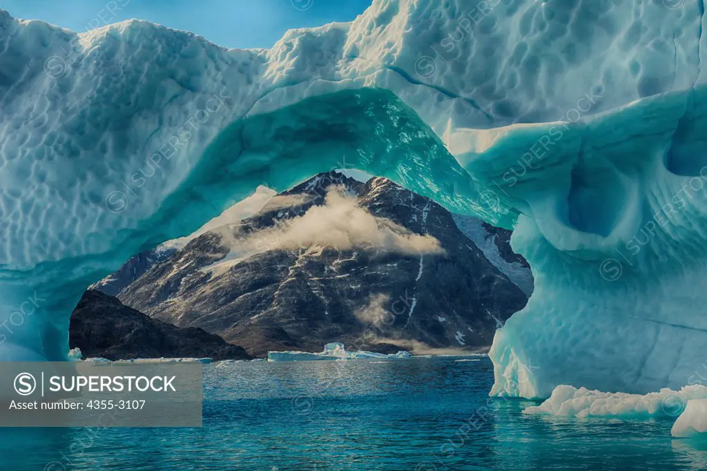 Tabular icebergs floating on water, Sehested Fjord, Sermersooq, Greenland
