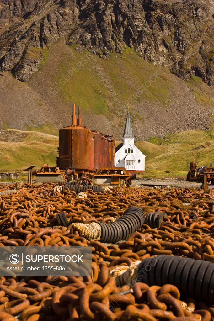 Piles of Old Rusted Chains for Hauling Whales at Grytviken Whaling Station, South Georgia Island
