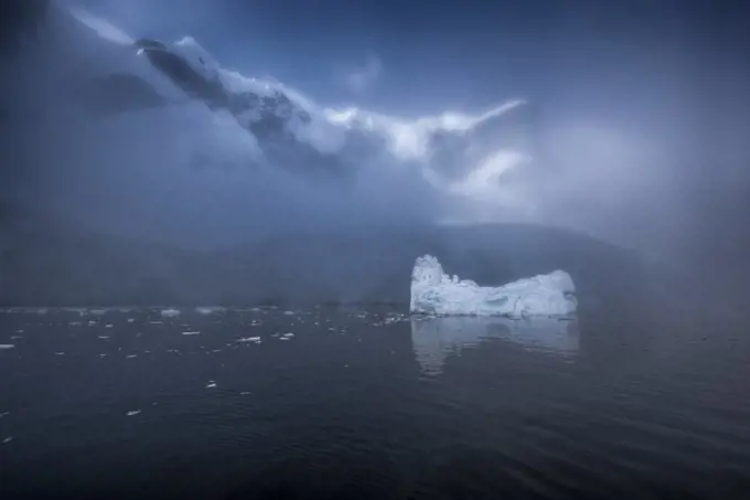 Sun rises through heavy fog showing large icebergs in Blackhead, Antarctica