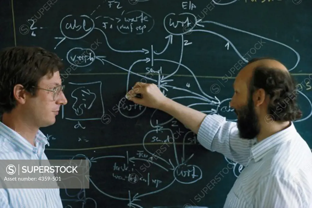 System analysts at work on a chalkboard, discussing a software problem.