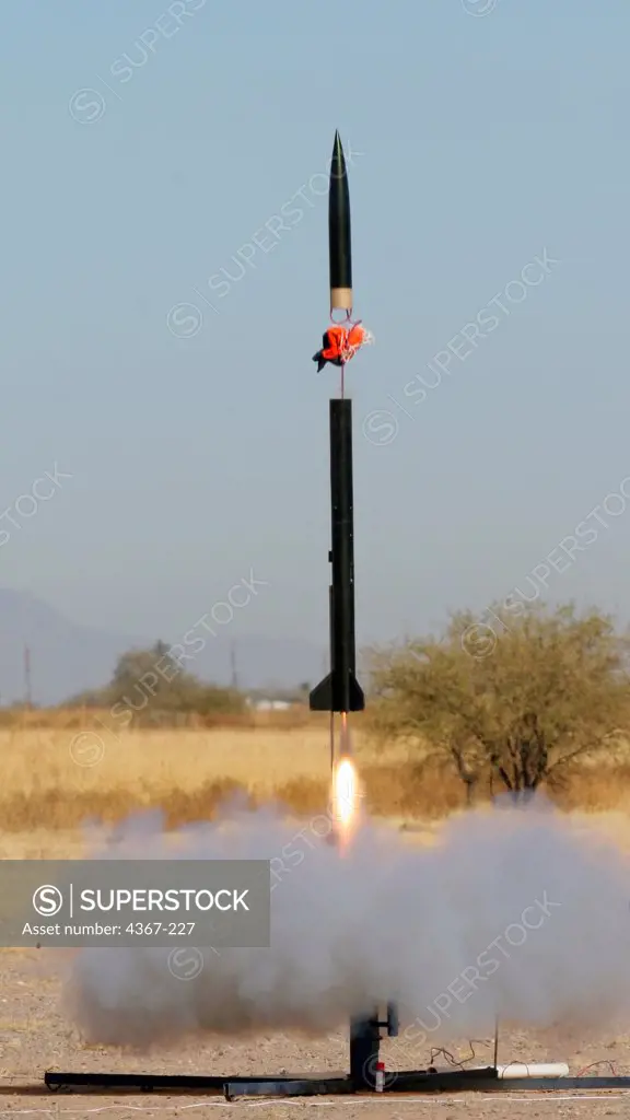 A rocket experienences a CATO (Catostrophic on Take Off) failure as the nose-cone seperates prematurely from the rocket at launch. This was at a launch event sponsored by the Southern Arizona Rocketry Association (SARA).