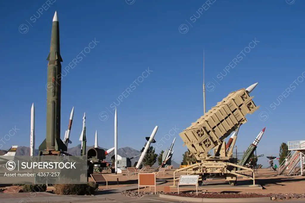 The missile park outside of the museum at White Sands Missile Range in New Mexico. A Pershing II (left) and Patriot missile battery are in the foreground.