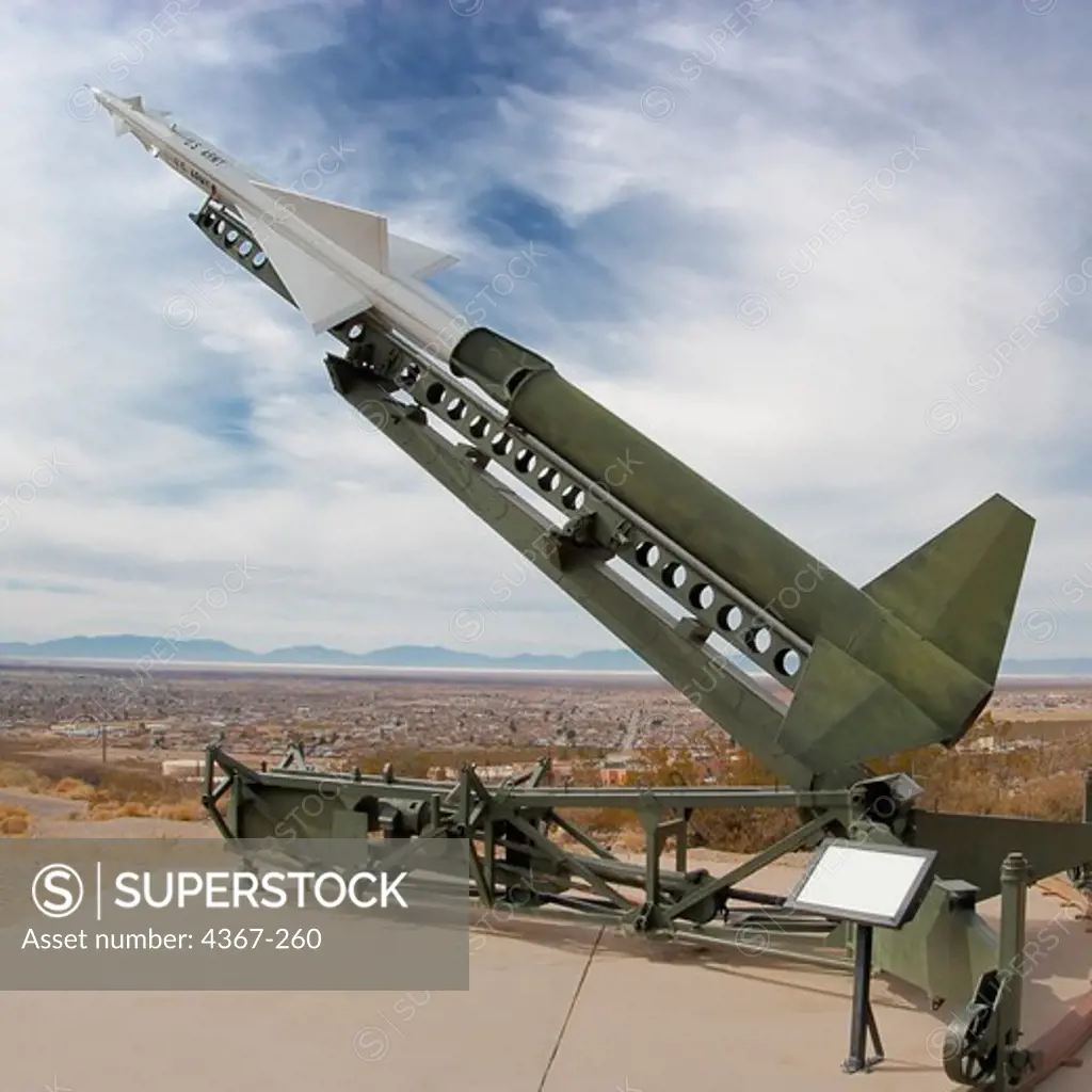 A Nike Ajax missile sits on a launcher in the John P. Stapp Air & Space Park, outside the New Mexico Museum of Space History.