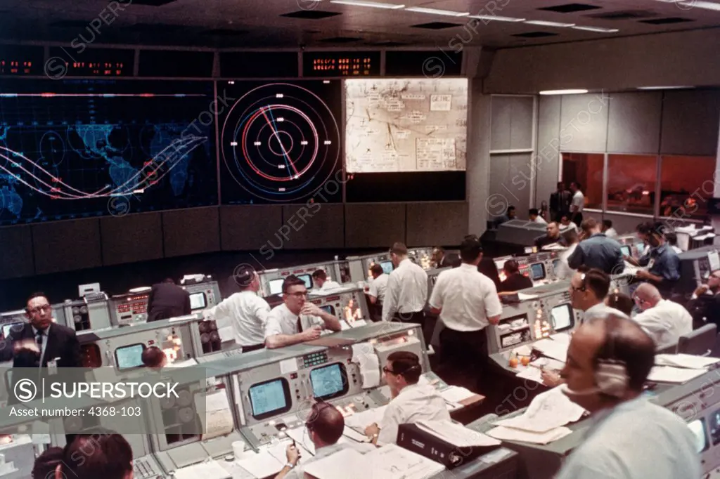 A view of the Mission Operations Control Room (MOCR) at NASA/JSC, circa 1966, during a Gemini mission, possibly Gemini 3.