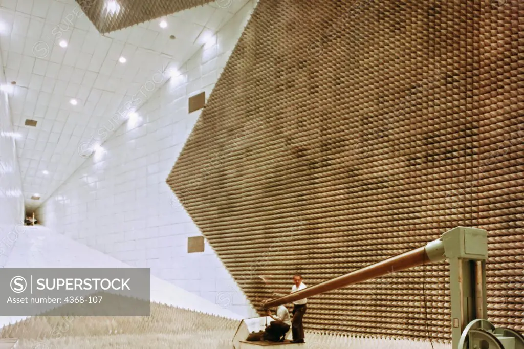 The anechoic chamber is a large chamber, relatively free from radio frequency echoes and reverberations, and shielded from external radiations.  The chamber is a tapered horn structure 150 feet long with internal dimensions of 52 feet by 52 feet.