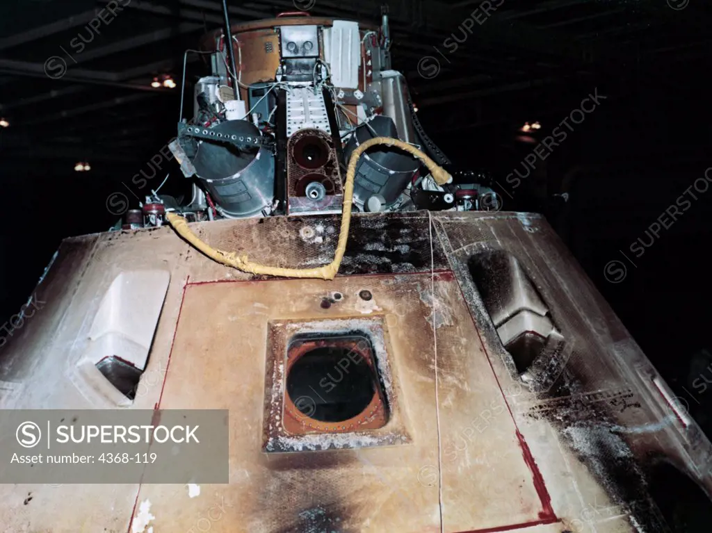 The charred ablative heat shield boilerplate of the Apollo Saturn AS-201 command module recovered by the USS Boxer.  This was the first launch of Saturn IB vehicle; with suborbital test on February 26, 1966.