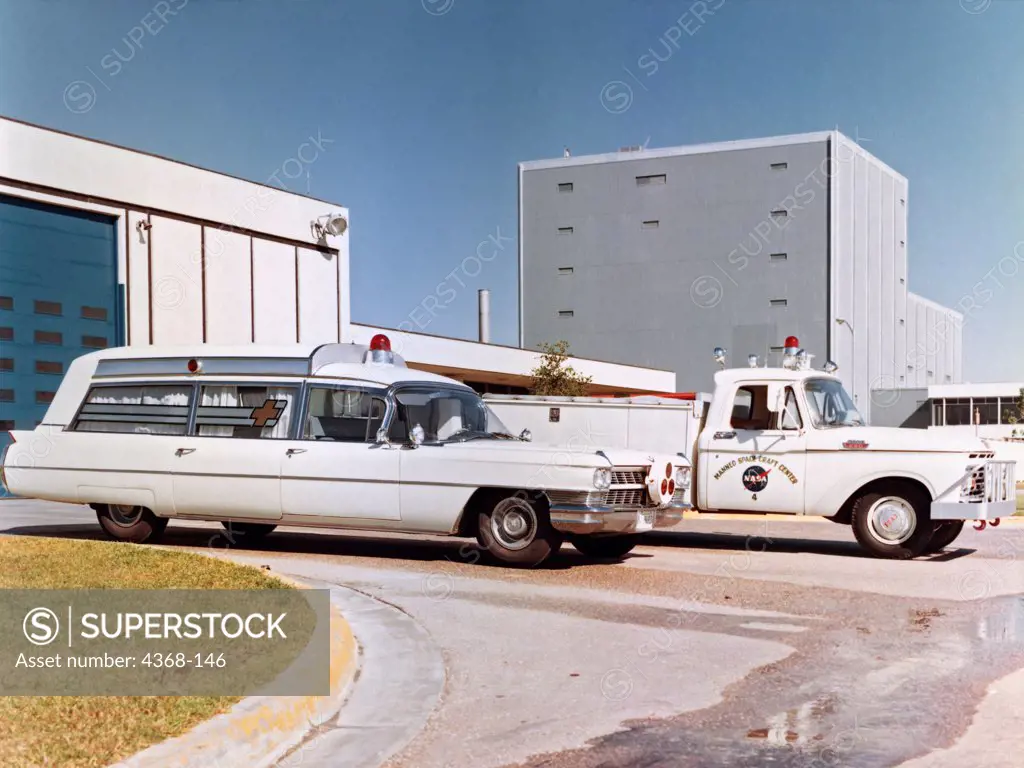 Ambulance and emergency utility vehicle truck, at the Manned Space Flight Center circa 1966.