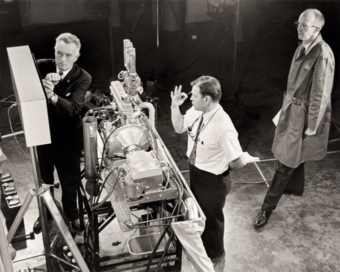 Ethyl Corporation, a fuel-additive corporation, was the first to use tetraethylene (TEL) as an anti knock additive in gasoline.  Here a mock up of an engine demonstrates the difference in Premium, Standard and Regular gasoline performance at an early press conference in the early 1960s.