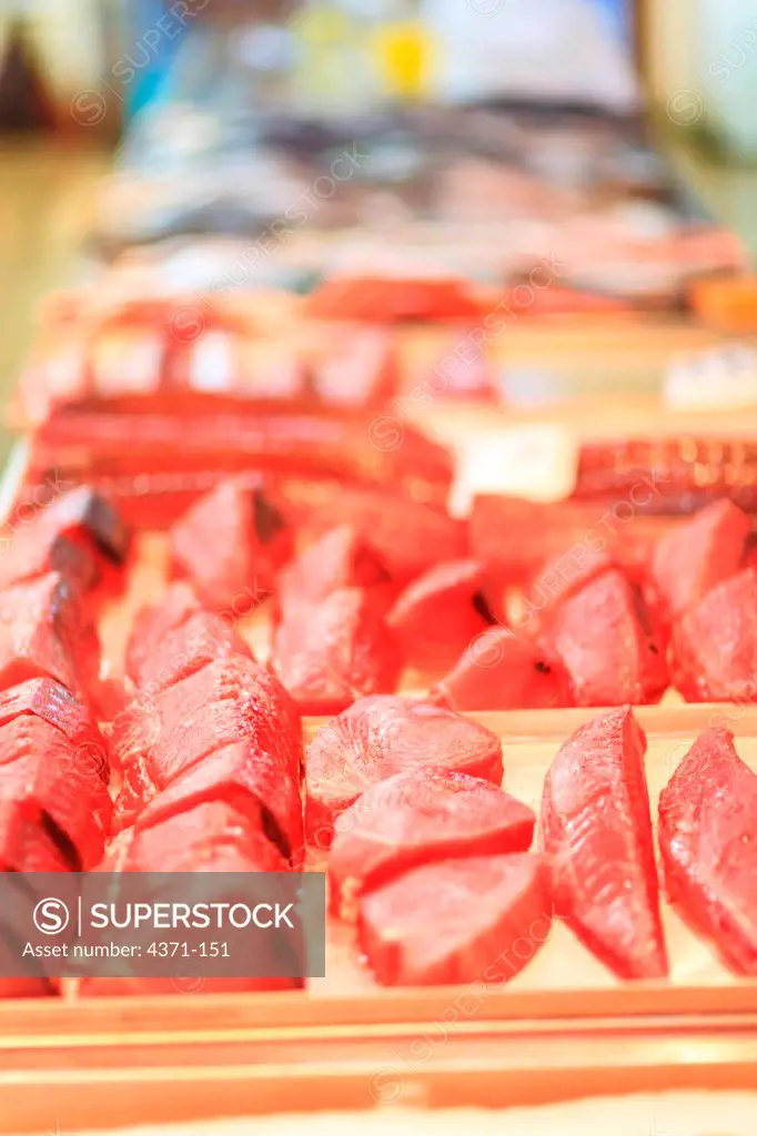Tuna filets, Papeete Public Market, Tahiti Nui, Society Islands, French Polynesia, South Pacific