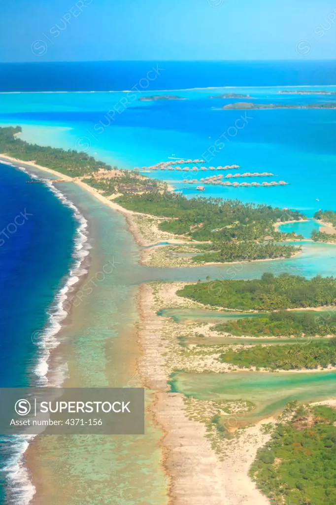 Aerial view on Air Tahiti flight from Huahini to Bora Bora, Society Islands, French Polynesia, South Pacific