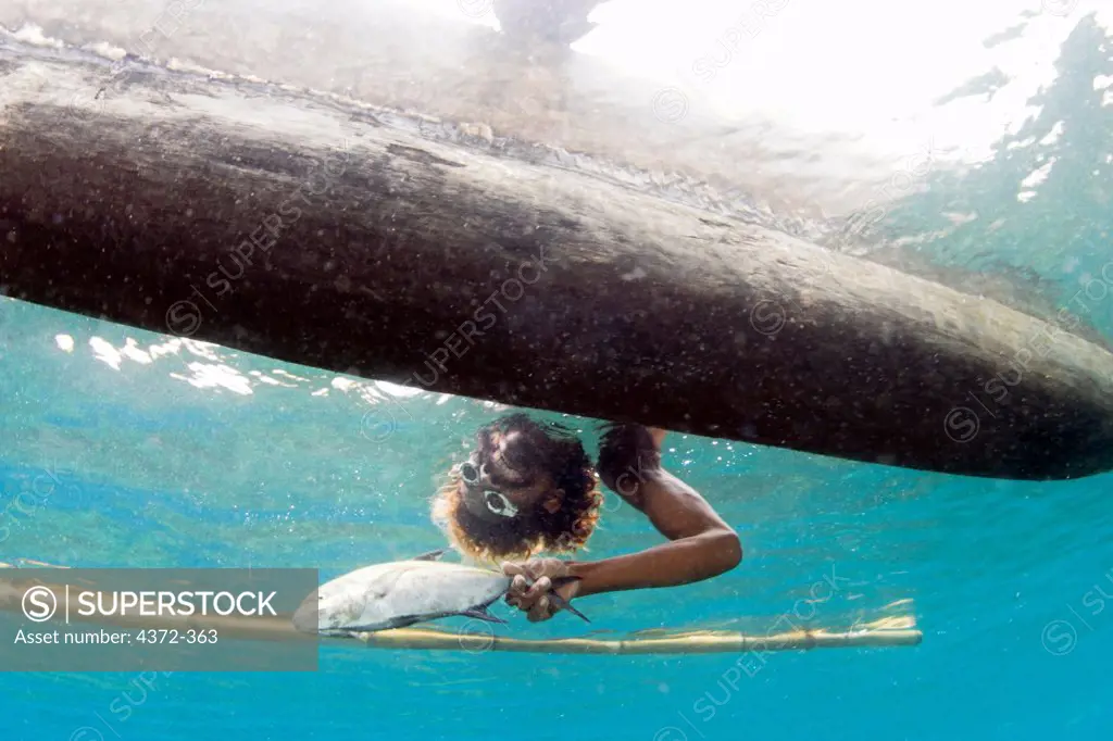 Indonesian Native Fisherman Reaches for a Fish