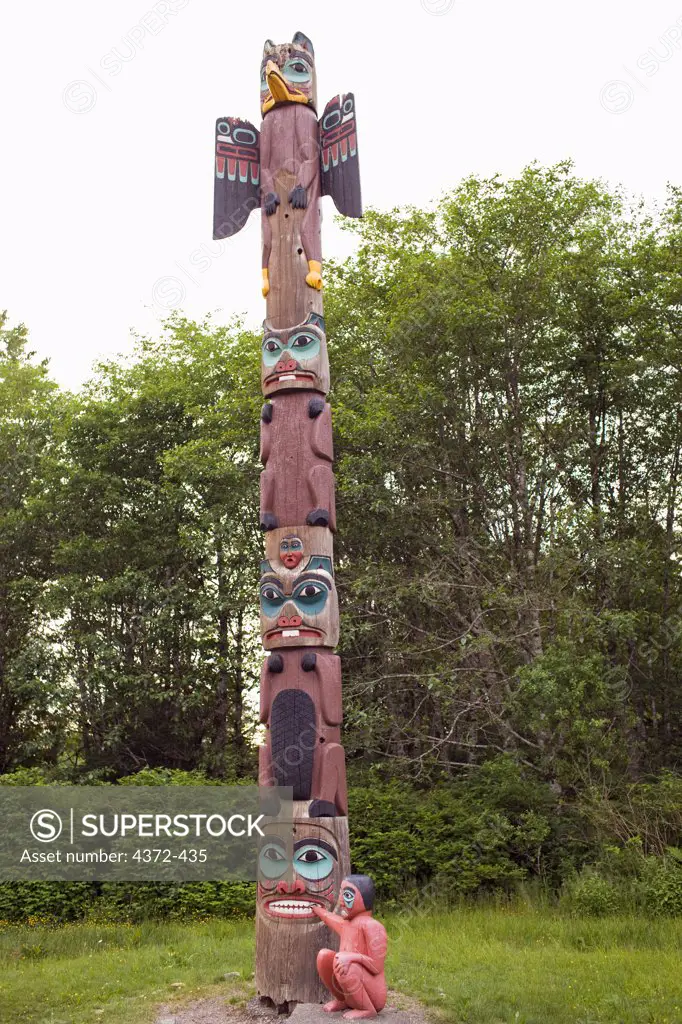 A Tlingit totem pole in Saxman Totem Park, Ketchikan, in South East Alaska, along the Inside Passage.