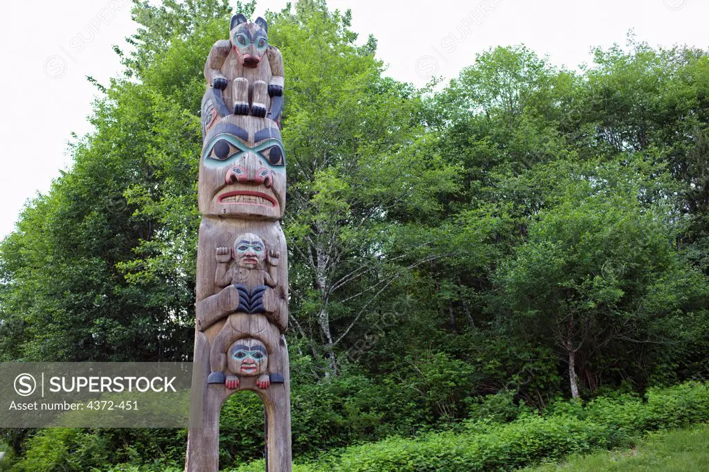 A Tlingit totem pole in Saxman Totem Park, Ketchikan, in South East Alaska, along the Inside Passage.