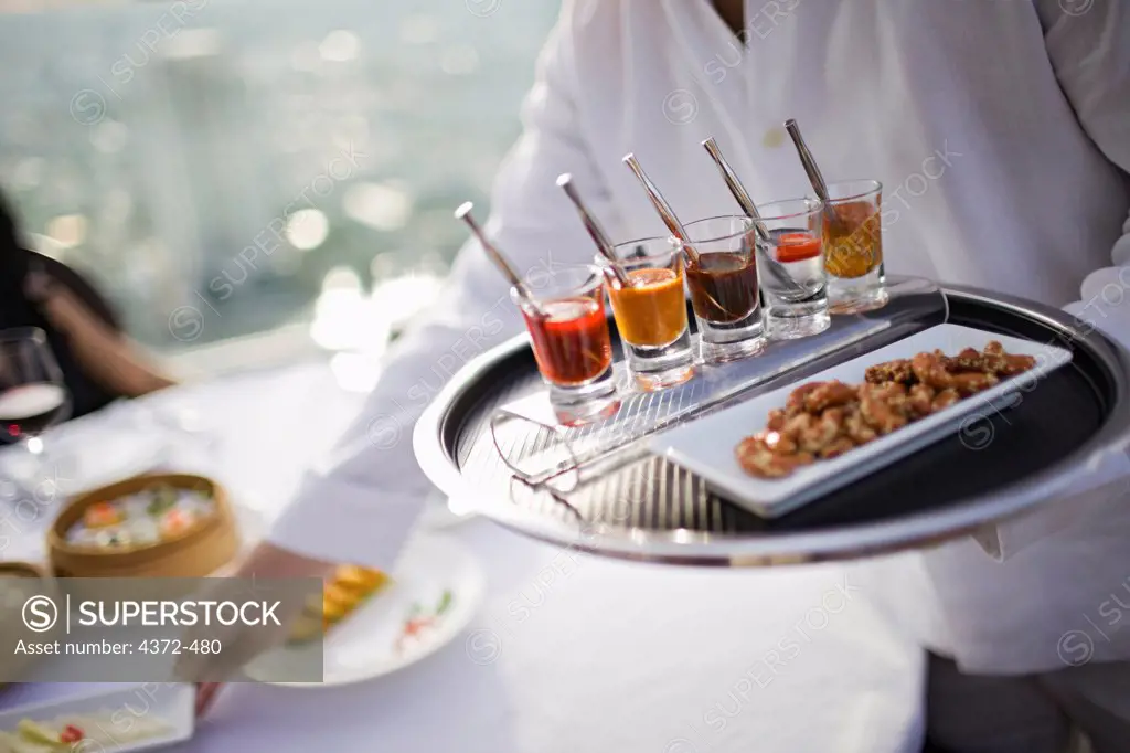 Appetizers at Breeze restaurant, which features award-winning dining atop Lebua at State Tower, on Silom Road, Bangkok, Thailand, high above the city.