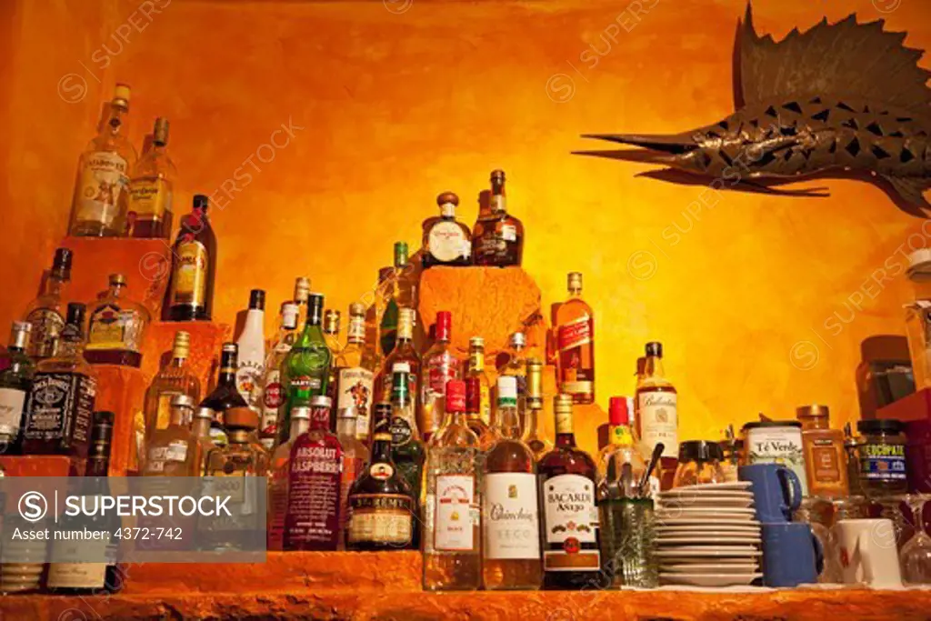 Assortment of liquor available at an Isla Mujeres bar.