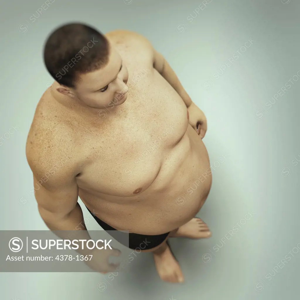 View of overweight man's body.