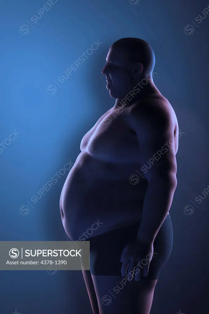 View of overweight man's body.
