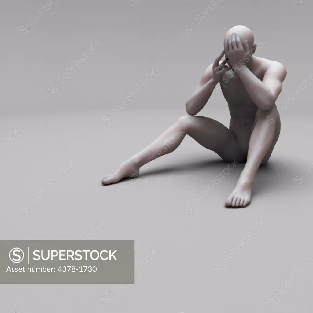 Anatomical model showing the spinal curvature of a human bent over and sitting in position conveying a depressed state.