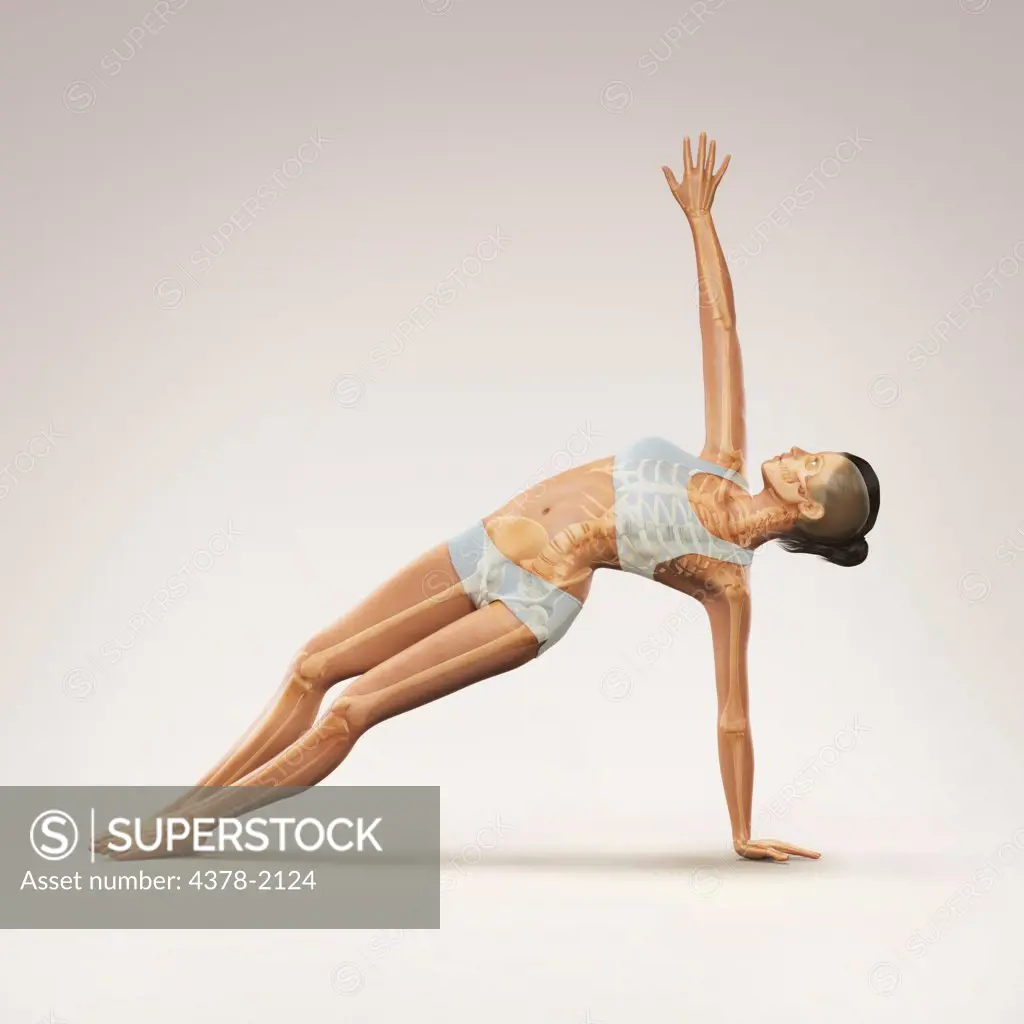 Skeleton layered over a female body in side balance pose showing the skeletal alignment of this particular yoga posture.