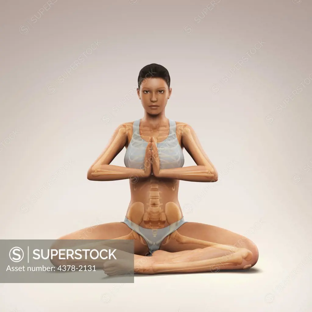 Skeleton layered over a female body in prayer pose showing the skeletal alignment of this particular yoga posture.