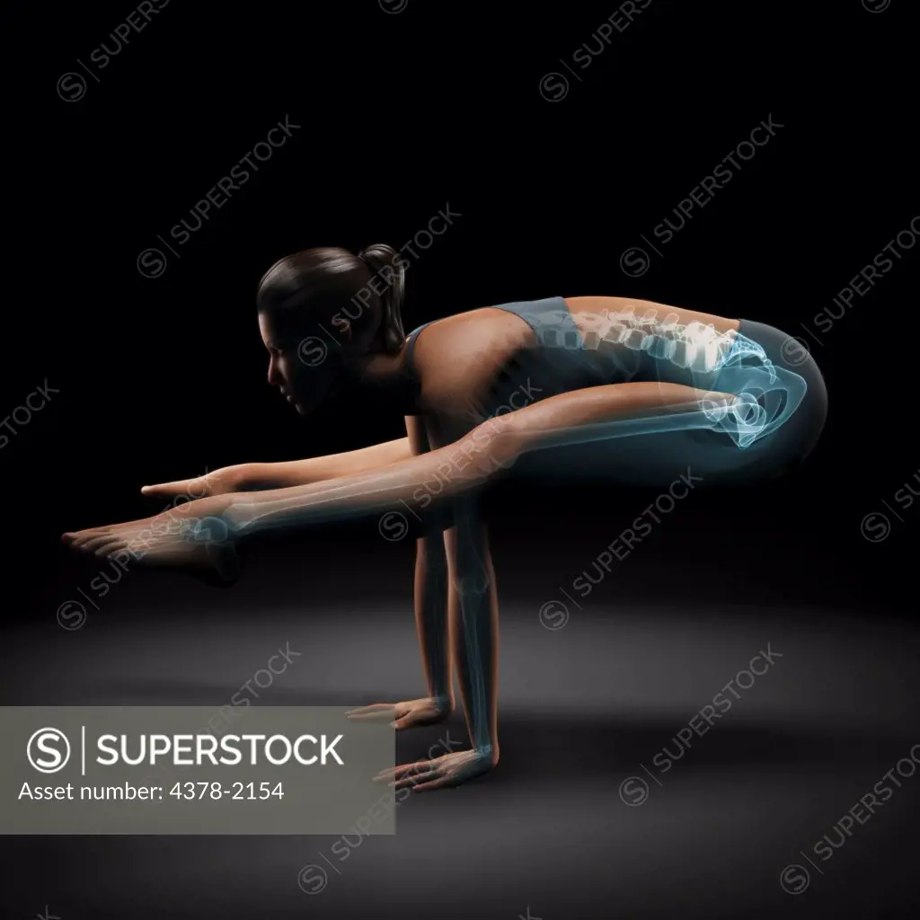 Skeleton layered over a female body in firefly pose showing the skeletal alignment of this particular yoga posture.