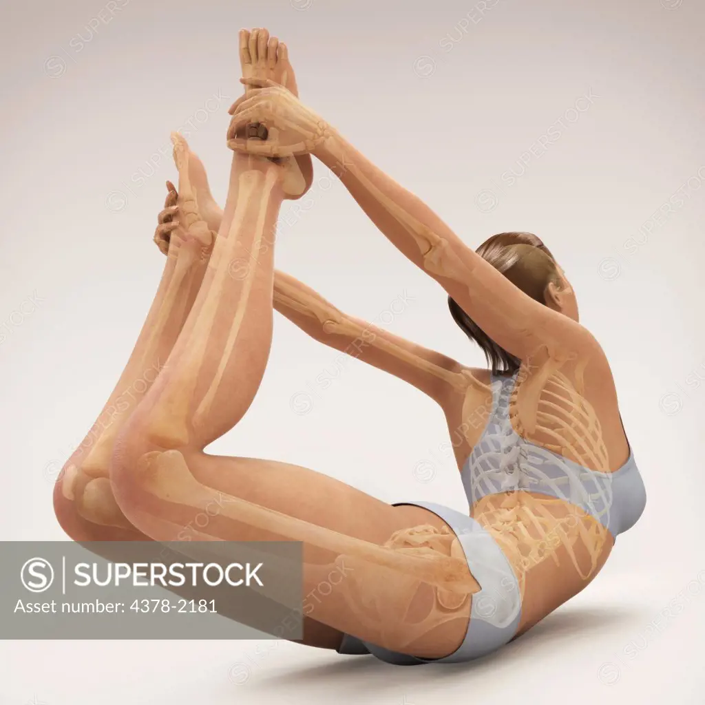 Skeleton layered over a female body in bow pose showing skeletal alignment in this particular yoga posture.
