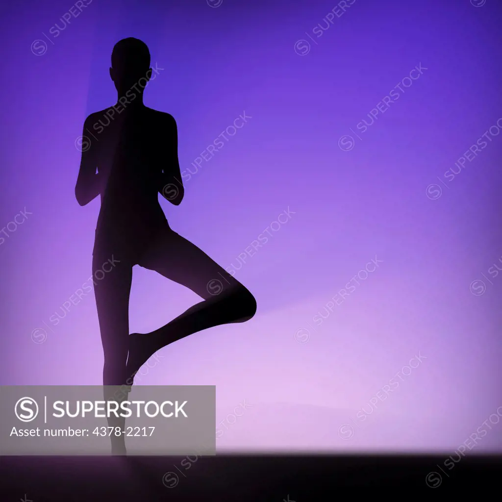 Silhouette of human body in tree pose.