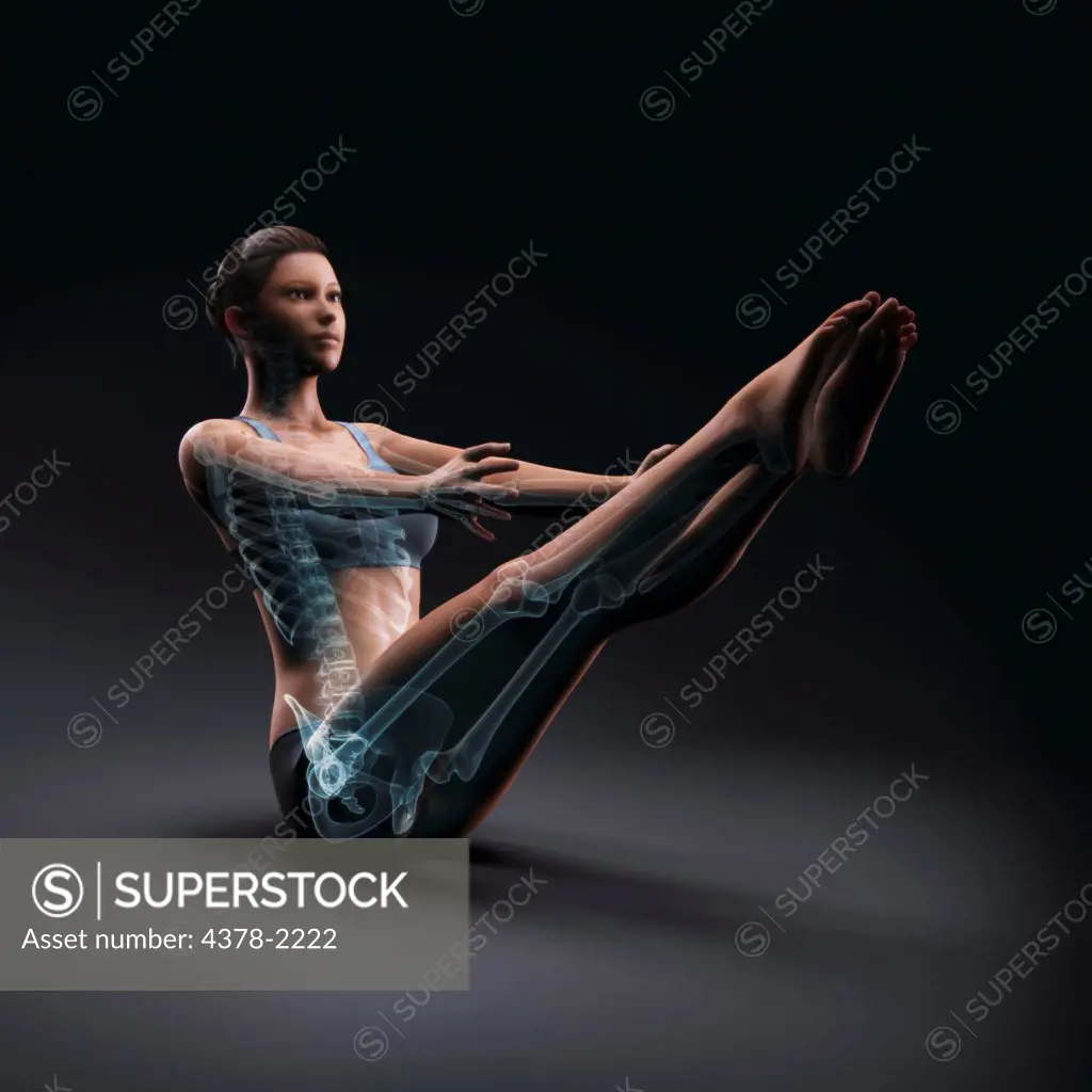 Skeleton layered over a female body in a floating boat pose showing the skeletal alignment of this particular yoga posture.